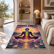 chakra meditation rug in a bedroom with an arched window