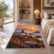 warrior pose mountain rug in a bedroom with an arched window