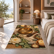singing bowl meditation rug in a bedroom with an arched window