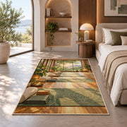 yoga studio rug in a bedroom with an arched window