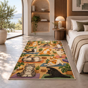 cats doing yoga rug in a bedroom with an arched window