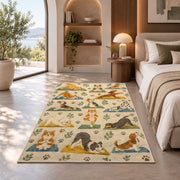 dogs doing yoga rug in a bedroom with an arched window
