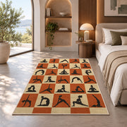 yoga poses checkered rug in a bedroom with an arched window
