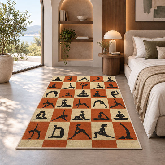 yoga poses checkered rug in a bedroom with an arched window