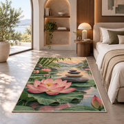 zen stones and lotus rug in a bedroom with an arched window