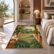 tropical yoga deck rug in a bedroom with an arched window