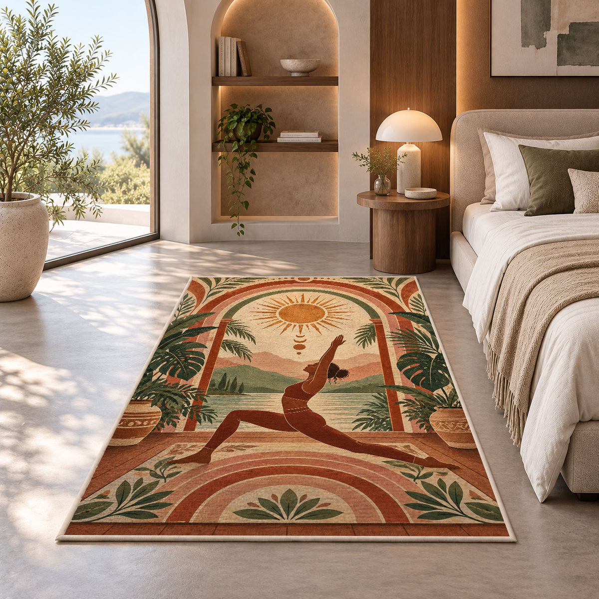 boho arch yoga rug in a bedroom with an arched window