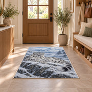 Snow Leopard Mountain Rug in an entryway with a wooden door and bench