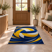 Swirling Volleyball Rug in an entryway with a wooden door and bench