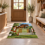 Show Jumping Horse Rug in an entryway with a wooden door and bench