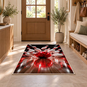 Bowling Strike Rug in an entryway with a wooden door and bench