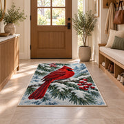 Cardinal on Snowy Branch Rug in an entryway with a wooden door and bench