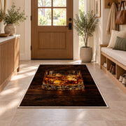 Whiskey on the Rocks Rug in an entryway with a wooden door and bench