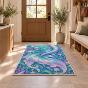 Shimmering Mermaid Tail Rug in an entryway with a wooden door and bench