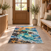 Mermaid on the Rock Rug in an entryway with a wooden door and bench