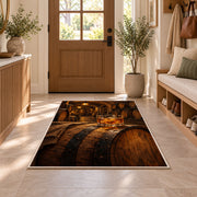 Oak Barrel and Whiskey Rug in an entryway with a wooden door and bench