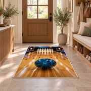 Bowling Lane Perspective Rug in an entryway with a wooden door and bench