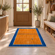 Volleyball Court Top View Rug in an entryway with a wooden door and bench