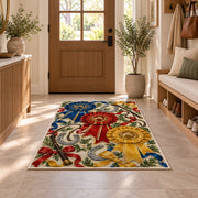 Horse Show Rosette Ribbons Rug in an entryway with a wooden door and bench
