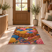 Basket of Yarn Rug in an entryway with a wooden door and bench