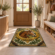 Horse Head in Horseshoe Rug in an entryway with a wooden door and bench