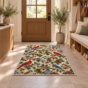 Backyard Birds Pattern Rug in an entryway with a wooden door and bench