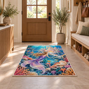 Underwater Castle Mermaid Rug in an entryway with a wooden door and bench