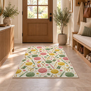 Knitting Tools Pattern Rug in an entryway with a wooden door and bench