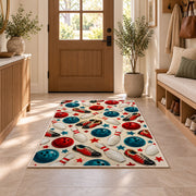 Bowling Pattern Rug in an entryway with a wooden door and bench