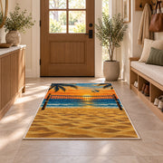 Beach Volleyball Sunset Rug in an entryway with a wooden door and bench