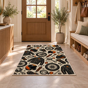 Biker Gear Pattern Rug in an entryway with a wooden door and bench
