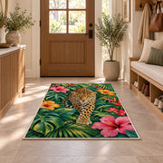 Leopard in Tropical Leaves Rug in an entryway with a wooden door and bench
