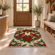 Two Cardinals and Wreath Rug in an entryway with a wooden door and bench