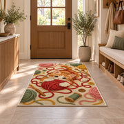 Kitten Playing with Yarn Rug in an entryway with a wooden door and bench