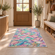Mermaid Scales and Shells Pattern Rug in an entryway with a wooden door and bench