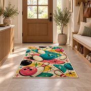 Retro 50s Bowling Rug in an entryway with a wooden door and bench
