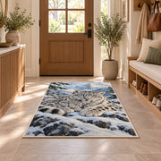 Snow Leopard Mother and Cub Rug in an entryway with a wooden door and bench