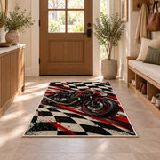 Racing Motorcycle Checkered Rug in an entryway with a wooden door and bench