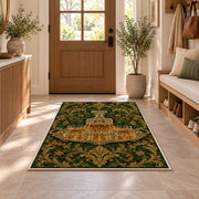 Crystal Decanter Rug in an entryway with a wooden door and bench
