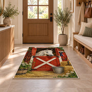 Red Barn Door Horse Rug in an entryway with a wooden door and bench