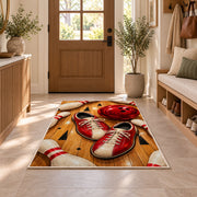 Bowling Shoes Rug in an entryway with a wooden door and bench