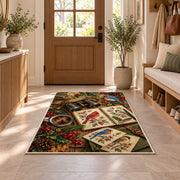 Birdwatching Gear Rug in an entryway with a wooden door and bench