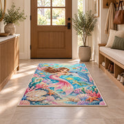 Baby Mermaid and Dolphin Nursery Rug in an entryway with a wooden door and bench