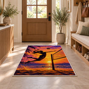 Volleyball Spike Silhouette Rug in an entryway with a wooden door and bench