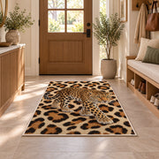 Leopard on Leopard Print Rug in an entryway with a wooden door and bench