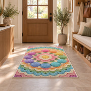 Circle of Yarn Balls Rug in an entryway with a wooden door and bench