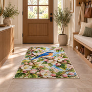 Bluebird on Blossom Branch Rug in an entryway with a wooden door and bench