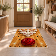 Bowling Pins Triangle Rug in an entryway with a wooden door and bench