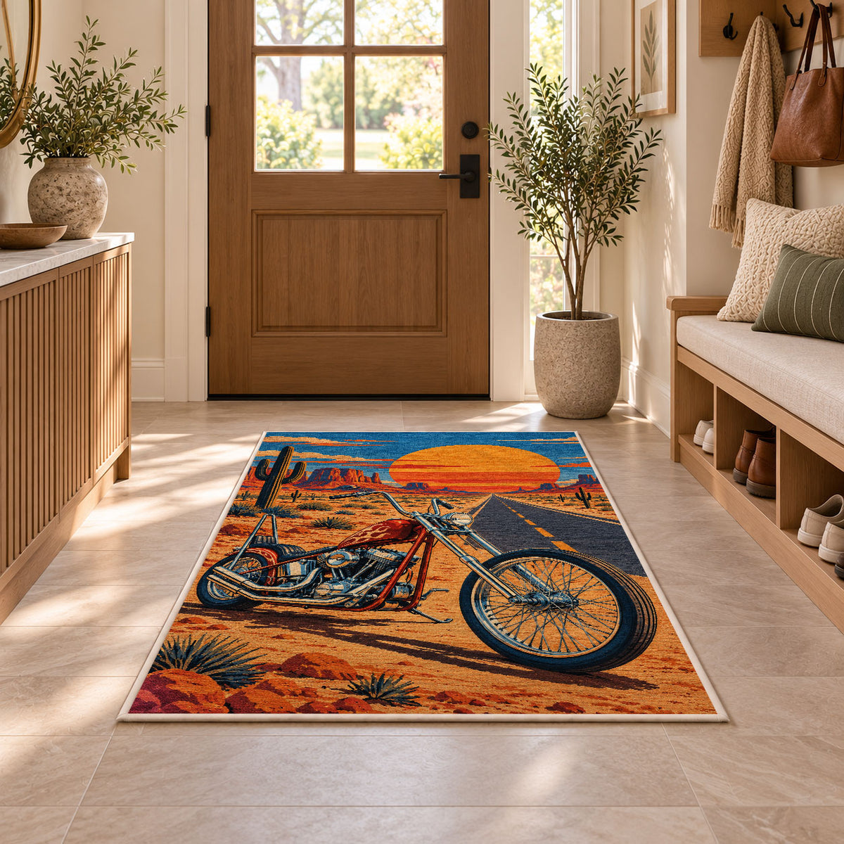 Chopper on Desert Highway Rug in an entryway with a wooden door and bench