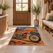 Chopper on Desert Highway Rug in an entryway with a wooden door and bench